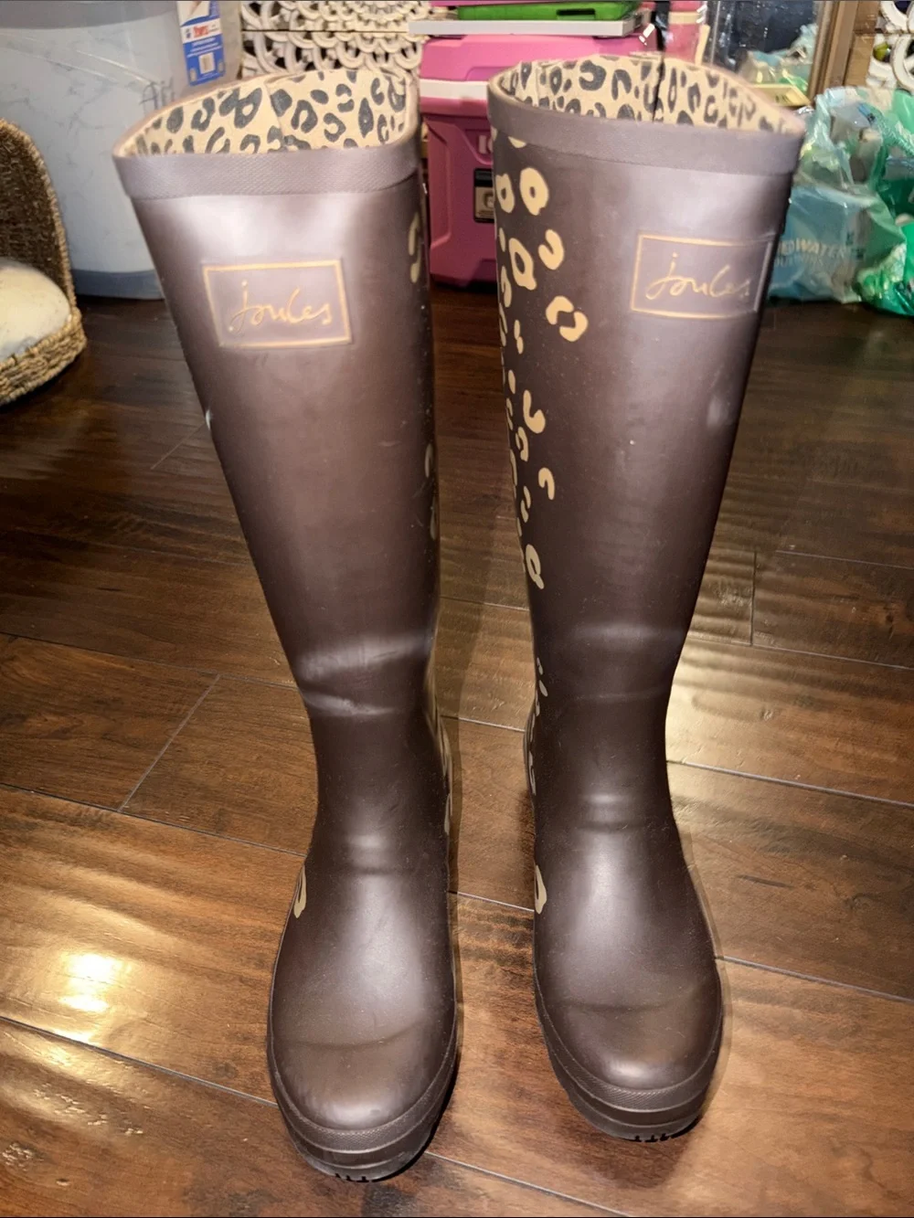 Joules Brown Rain Boots with Leopard Accent